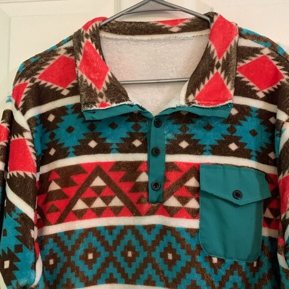 Western Aztec Print Fuzzy Pullover Sweatshirt Red, Teal Brown and White Size XXL - Picture 2 of 3